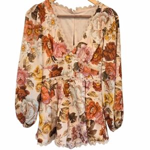 Luxxel Floral Ivory Romper Shorts Baby Doll Button Front Lace Trim Victorian S